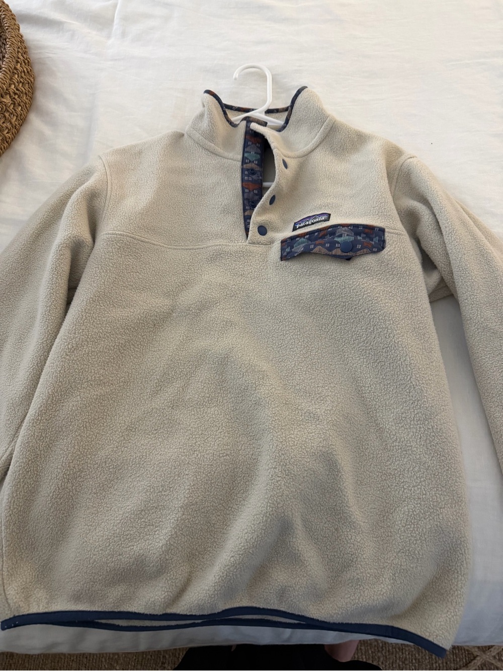 Patagonia Cream Fleece Pullover with Navy Trim and Multicolor Logo